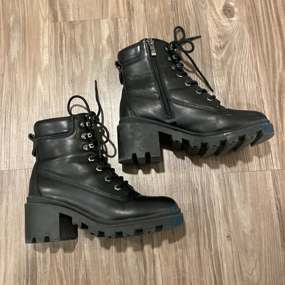 Madden girl heeled combat boots with side zipper